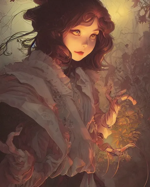 Prompt: a girl in a cute ghost halloween costume, midshot single subject, ambient lighting, detailed, art poster by ayami kojima, makoto shinkai, kilian eng