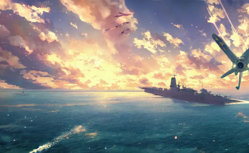 Image similar to Battle of Midway by Makoto Shinkai, magic