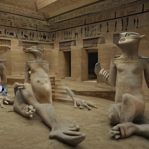 Image similar to hundreds of frogs inside an ancient Egyptian palace, cinematic lighting, dramatic angles, ultra detailed