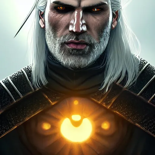 Image similar to Geralt of Rivia, golden eyes, silver hair, wolf pedant, 4k, artstation, cgsociety, award-winning, masterpiece, stunning, beautiful, glorious, powerful, fantasy art