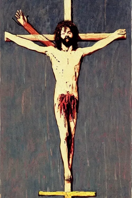 Image similar to bloody christ crucified and some bright ufo in the sky painted by cy twombly and andy warhol