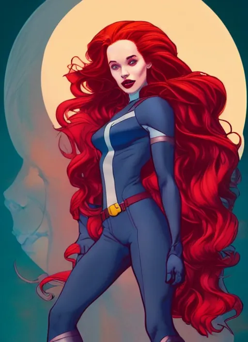 Image similar to Rafeal Albuquerque comic art, Joshua Middleton comic art, cinematics lighting, sunset colors, pretty female Madelaine Petsch Rogue x-men marvel, big smirk, symmetrical face, symmetrical eyes, long red hair and white hair, with white streak in hair, full body, flying in the air, sunset