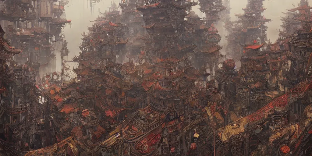 Prompt: a Chinese steampunk city, art by James Jean and Wayne Barlowe, ultra wide angle, trending on artstation