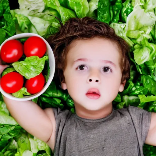 Prompt: a child made of salad, photo realistic, professional photography