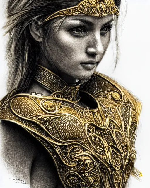 Prompt: pencil sketch portrait of woman in shining golden armor, high production value, intricate details, high resolution, hdr, high definition, masterpiece, realistic, ultrarealistic, highly detailed, hd, sharp focus, non blurry, sharp, smooth