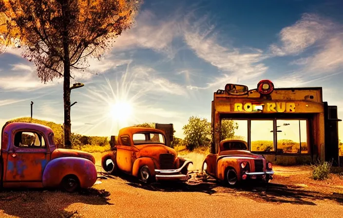 Image similar to A beautiful colorful evening scene of route66, old road with abandoned gas station and rusty old pickup truck, hyper realistic, blinding backlight evening sun, sparkling sun rays, epic scene, intense setting, evening vibe