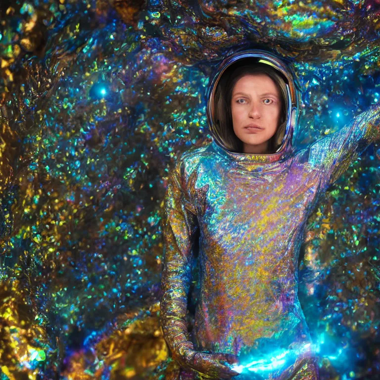 Image similar to octane render portrait by wayne barlow and carlo crivelli and glenn fabry, subject is a woman covered in tie - dye aluminum foil space suit with a iridescent metallic space helmet, inside a cave of glowing alien crystals, cinema 4 d, ray traced lighting, very short depth of field, bokeh