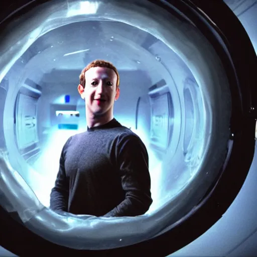 Image similar to mark zuckerberg in a cryostasis tube from Aliens. photograph.