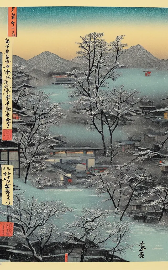 Prompt: 🖼 🌅 🌨 ❄⛩. shin - hanga.