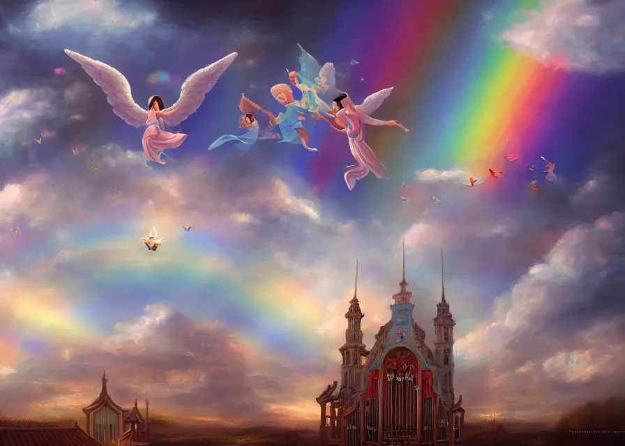 Image similar to realistic painting of angels flying around a giant pipe organ in the sky, joy, rainbow, magic, dreamy, clouds, pastel colors, dusk, rowena doge, zhiwei tu, fenghua zhong digital art, 4 k, trending on artstation, 4 k