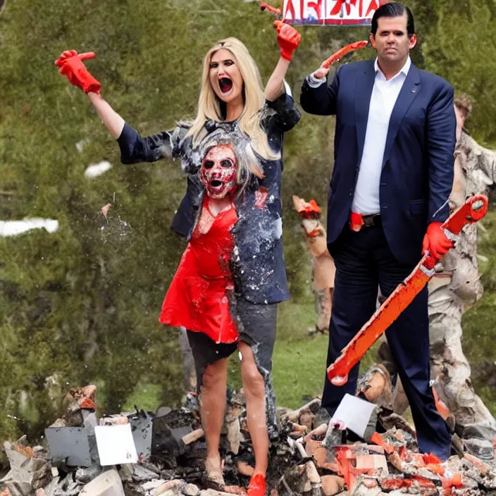 Prompt: donald trump jr., and his chainsaw wielding sister zombie ivanka, leads gleeful maga republicans celebrating the explosion of a hole on mini - golf course. professional photography