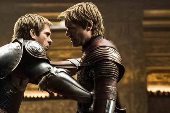 Image similar to very very intricate photorealistic photo of jaime lannister fighting cersei, photo is in focus with detailed atmospheric lighting, award - winning details