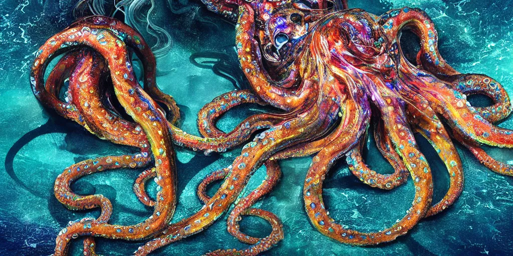 Prompt: giant wet glistening medusa octopus chimera, dripping mucus from its transparent quivering flesh, detailed multicoloured scales and feathers, ocean, storm, mist, moody, low key dramatic lighting, octane render, in the style of sam shearon