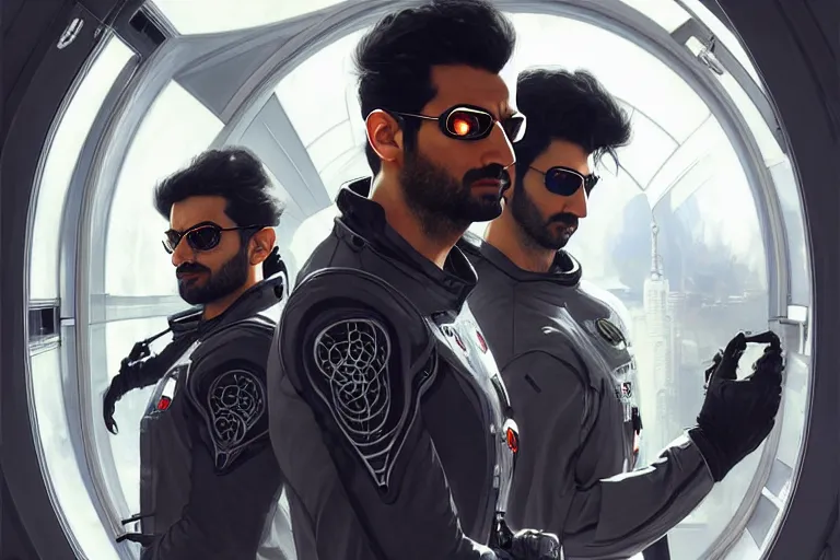 Prompt: Sensual good looking pale young Indian doctors wearing Deus Ex Mankind Divided clothing in a space station above Earth, portrait, elegant, intricate, digital painting, artstation, concept art, smooth, sharp focus, illustration, art by artgerm and greg rutkowski and alphonse mucha