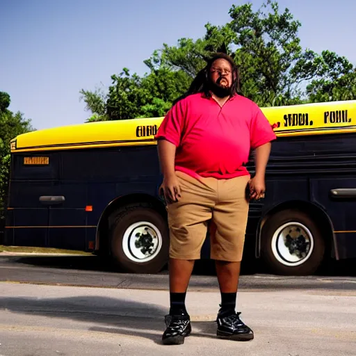 Image similar to overweight african american male school bus driver with dreads, wearing shorts with chubby legs, big moe, symmetric face, photo, posing in front of schoolbus