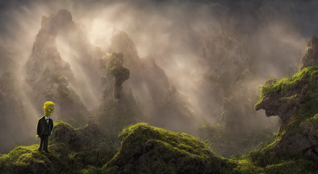 Image similar to photorealistic matte painting of mr burns from the simpsons standing far in misty overgrowth undergrowth jagged rock features volumetric fog light rays high contrast dawn