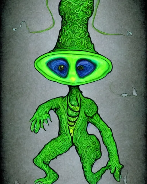 Image similar to leprechaun alien, extraterrestrial creature design based on celtic mythology, irish charm, fairy alien, science fantasy illustration