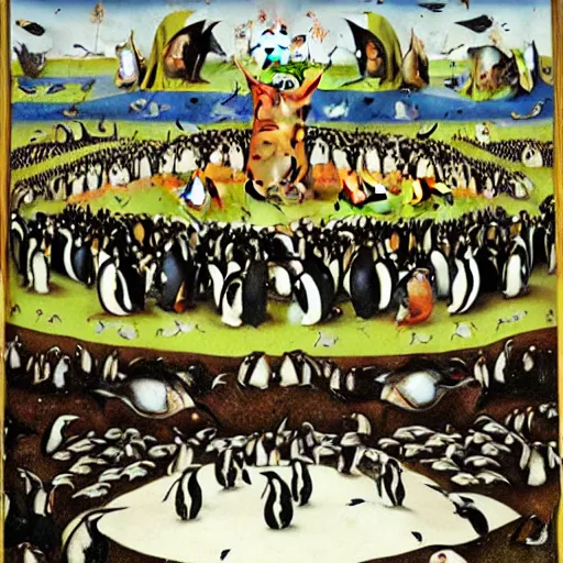 Prompt: the garden of earthly delights but with penguins, lots of penguins, Hieronymus Bosch, triptych