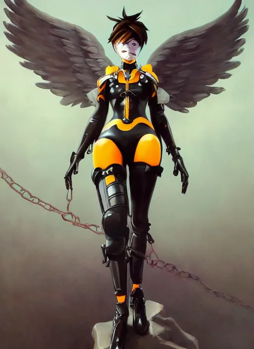 Image similar to full body artwork of tracer overwatch, wearing black latex outfit, in style of zdzisław beksinski, angel wings, dramatic painting, wearing detailed steel collar, black shiny armor, chains, black harness, detailed face and eyes,