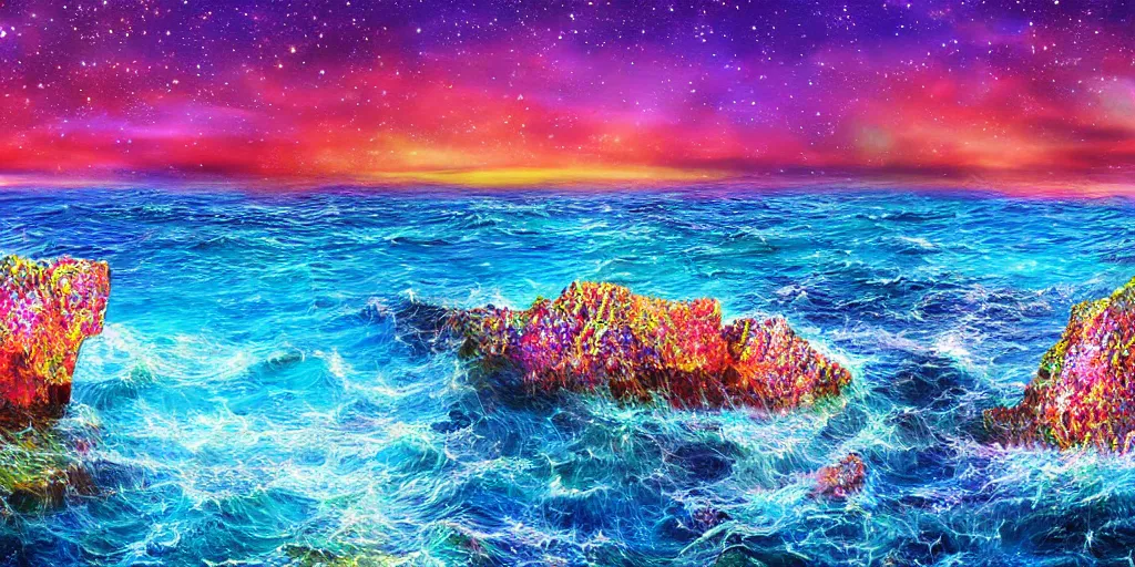 Image similar to glittering multicolored crystal cliffs, viewed from the ocean, high quality digital art,