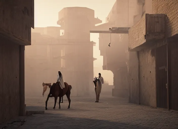 Prompt: old jeddah city alley, roshan, old shops, horse, magical gateway to another dimension, a man wearing a white robe standing watching over, sci - fi, dramatic lighting, dawn, by caspar david friedrich, unreal engine 5