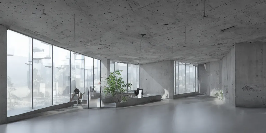 Prompt: concrete interior architecture for dreaming like google office, dynamic lighting, glass windows, dreamy, relaxing environment, hyperrealistic, intricate details, 8 k, lighting on concrete