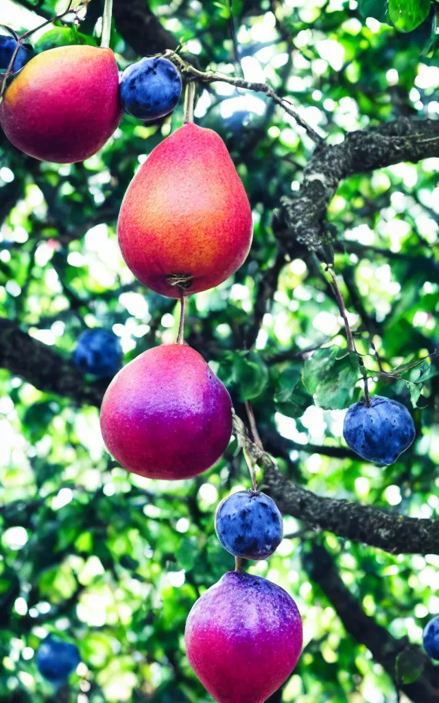 Image similar to a macro shot of a fruit hanging on a tropical tree, it is very colorful but has mainly shades of blue and violet, it looks poisonous but tasty