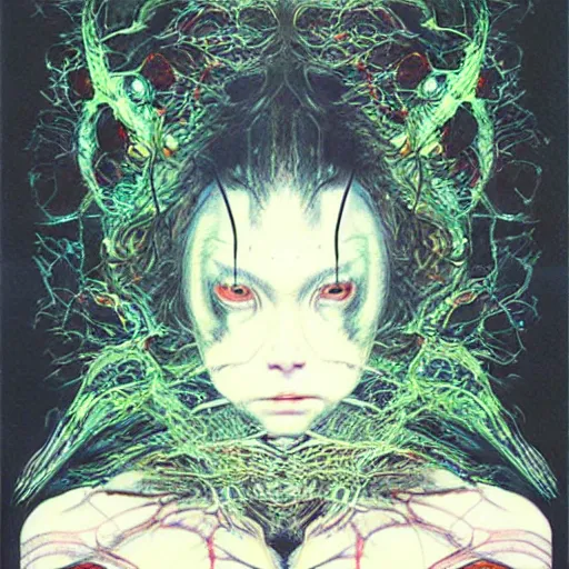 Prompt: a simple centered portrait of a non - human predatory alien. an award winning yoshitaka amano digital art poster color painting, by james gurney and gerhard richter. art by takato yamamoto. masterpiece, poster colour on canvas.