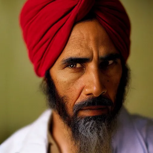 Image similar to portrait of president barack obama as afghan man, green eyes and red turban looking intently, photograph by steve mccurry