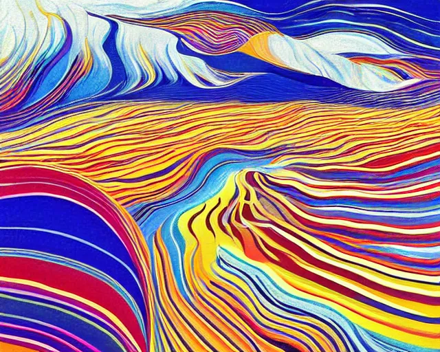 Prompt: A wild, insane, modernist landscape painting. Wild energy patterns rippling in all directions. Curves, organic, zig-zags. Saturated color. Mountains. Clouds. Rushing water. Waves. Psychedelic dream world. Wayne Thiebaud. Lisa Yuskavage landscape.