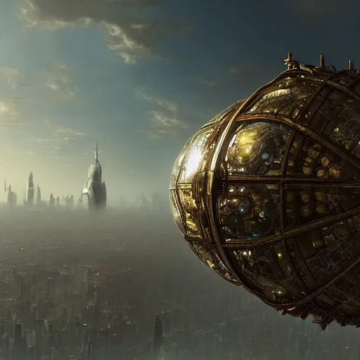 Image similar to enormous flying city in a faberge egg, sky, steampunk, fantasy art, masterpiece, hugh ferriss, unreal engine, andreas achenbach cloudy background, latticework