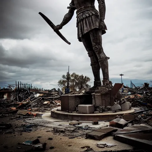 Image similar to statue of a warrior standing in the destroyed city, post apocalyptic scenery