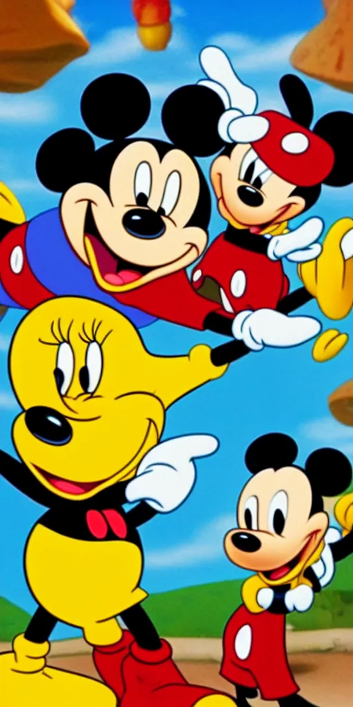 Prompt: mickey mouse in as sponge bob with his shape, sharp focus, dynamic lighting, elegant harmony, masterpiece