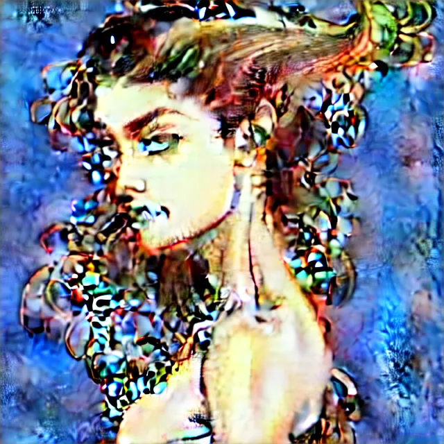 Image similar to in the style of artgerm, arthur rackham, alphonse mucha, phoebe tonkin, symmetrical eyes, symmetrical face, flowing blue skirt, hair blowing, intricate filagree, hidden hands, warm colors, cool offset colors