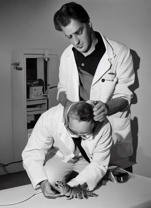 Image similar to doctor examining a small tortoise under bright operating room lights, closeup, 2 4 mm wide angle, technicolor