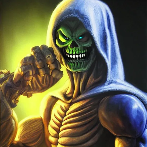 Image similar to ultra realistic portrait painting of skeletor as piccolo, art by akira toriyama, 4 k, ultra realistic, highly detailed, epic lighting