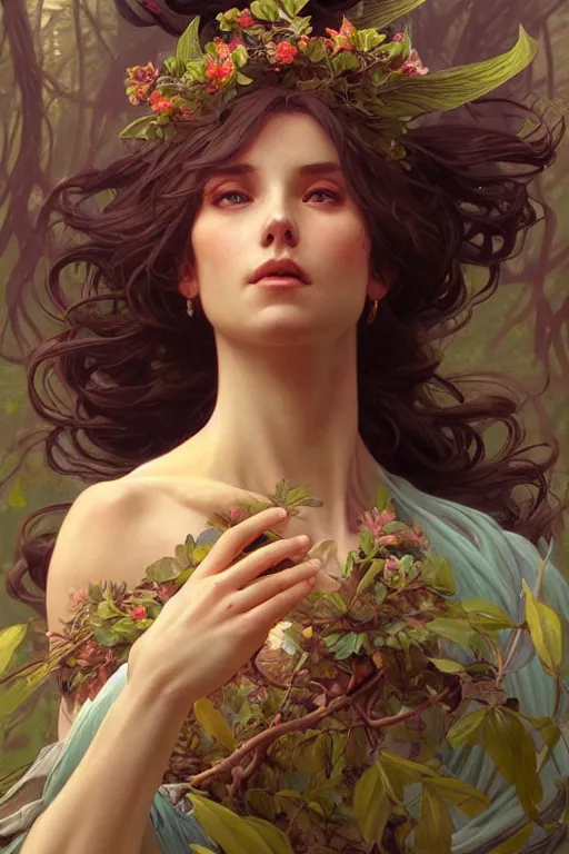 Image similar to goddess of nature, accurate anatomy, only two hands, highly detailed, digital painting, artstation, concept art, smooth, sharp focus, illustration, Unreal Engine 5, 8K, art by artgerm and greg rutkowski and edgar maxence and alphonse Mucha