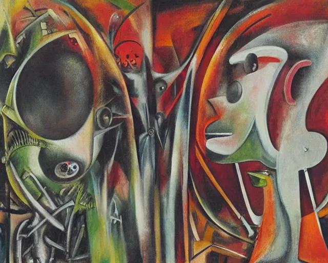 Prompt: Oil painting by Roberto Matta. Strange mechanical beings kissing. Portrait by Yoshitomo Nara.