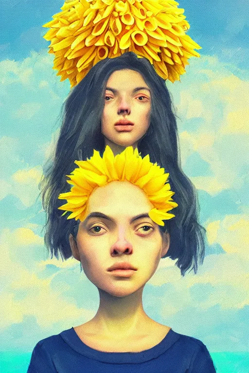 Image similar to closeup girl with huge yellow dahlia flower face, on beach, surreal photography, blue sky, sunrise, dramatic light, impressionist painting, digital painting, artstation, simon stalenhag