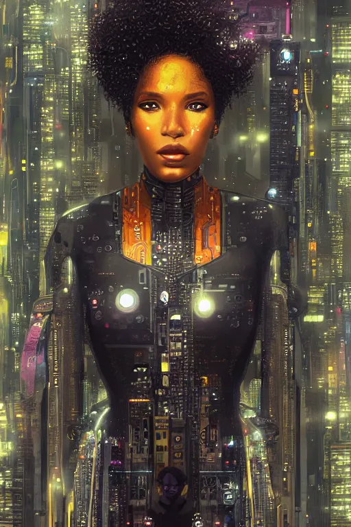 Image similar to a beautiful young Black woman, cyberpunk, Blade Runner city background, highly detailed, artstation, illustration, art by Gustav Klimt