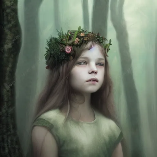 Image similar to a forest child girl portrait by leesha hannigan, fantasy, artwork, digital art, highly detailed face, nature, light, fog