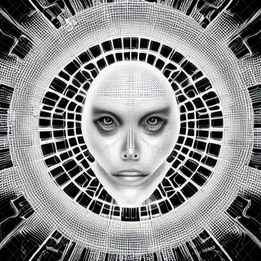 Image similar to an insanely detailed cibernetic artwork of a futuristic artificial intelligence superstar, centered image, perfectly symmetrical alien face, with frames made of detailed fractals, octsne render, 4k, insanely detailed, detailed grid as background, cgi