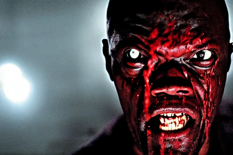 Image similar to samuel l. jackson as a zombie, blood, decay, cinematic lighting, portrait, medium shot, horror movie still