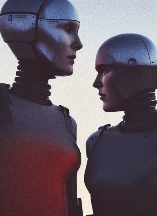 Image similar to cinestill 5 0 d photographic portrait of two loving female androids wearing rugged black techwear on a desolate plain with a red sky in front of a brutalist structure, extreme closeup, cyberpunk style, dust storm, 8 k, hd, high resolution, 3 5 mm, f / 3 2, ultra realistic faces, ex machina