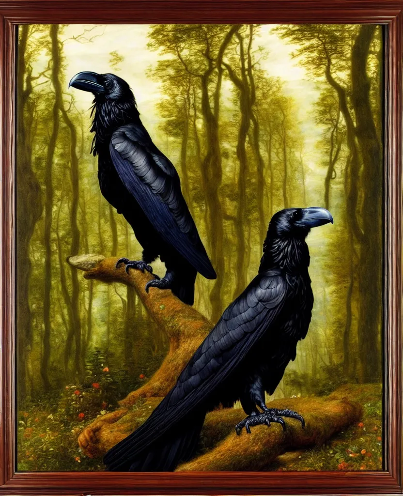 Image similar to a breathtakingly stunningly pre raphaelite beautifully highly detailed animal portrait of a majestic raven, in an forest with arch and smokey reflections, framed, by rosetti and devinci and michael cheval and sidney cooper and turner, 4 k