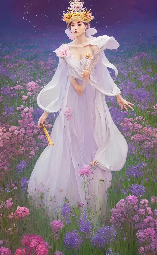 Prompt: A beautiful fantasy magician, highly detailed full body, amazing flower tiara, wearing aristocrat robe, delicate figure, field of flowers, epic composition, ultra wide-shot, dynamic pose, concept art, beautifully lit, digital painting, smooth, character design, sharp focus, elegant, intricate, trending on artstation, by WLOP and James Jean and Victo Ngai