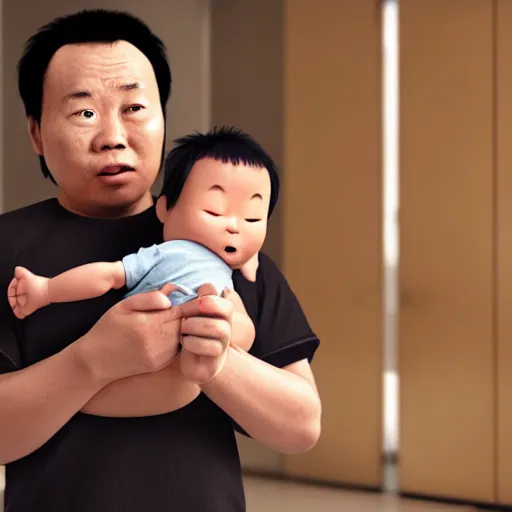 Image similar to shocked asian man holding african baby at hospital, he can ’ t believe his eyes, award winning art, pixar, 3 d render, unreal engine