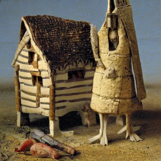 Image similar to a medieval European cottage standing on chicken leg stilts