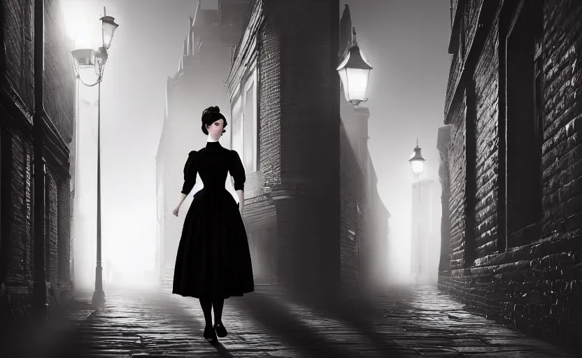 Prompt: A young Victorian woman wearing a black dress and hair in a bun, standing in a busy Victorian London back alley. Evening sunlight. Smog. Atmosphere. Gaslight street lamps. 8K. detailed. photorealism. artstation. 25mm f/1.7 ASPH Lens. ultra realistic