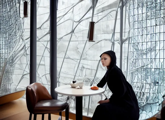 Prompt: beautiful!!!!! young adult woman in a cozy coffee shop wearing an avant garde outfit designed by zaha hadid, close up, natural lighting, 5 0 mm